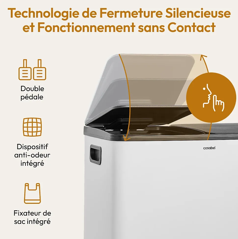 CASABEL Poubelle Tri Selectif 60L, 2x30L Acier INOX BLANC, Double Compartiments, Pedale, Bacs Amovibles, Couvercles Silencieux