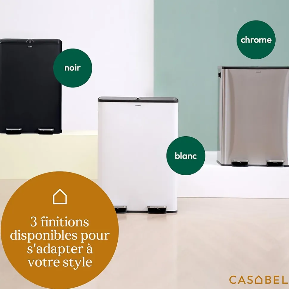 CASABEL Poubelle Tri Selectif 60L, 2x30L Acier INOX BLANC, Double Compartiments, Pedale, Bacs Amovibles, Couvercles Silencieux