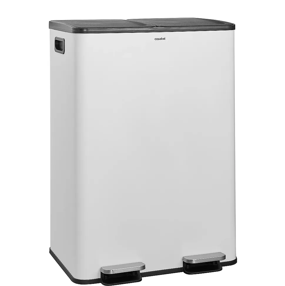 CASABEL Poubelle Tri Selectif 60L, 2x30L Acier INOX BLANC, Double Compartiments, Pedale, Bacs Amovibles, Couvercles Silencieux