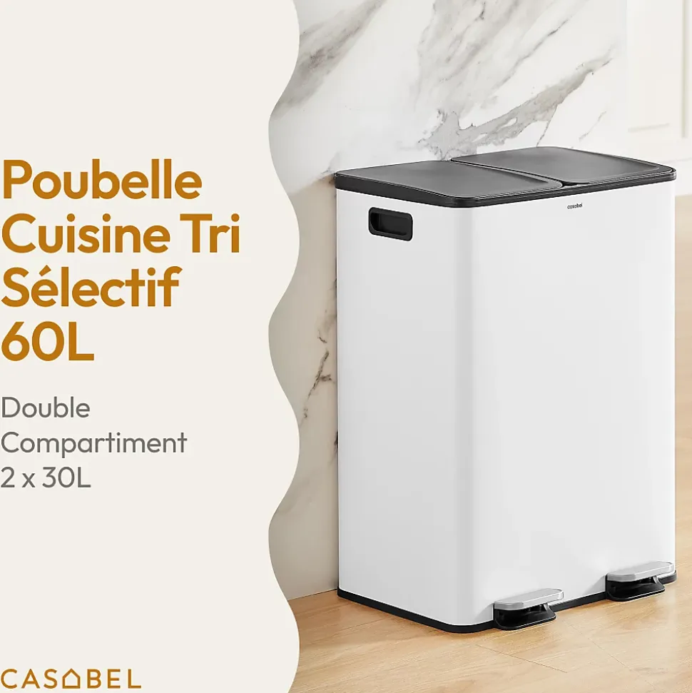 CASABEL Poubelle Tri Selectif 60L, 2x30L Acier INOX BLANC, Double Compartiments, Pedale, Bacs Amovibles, Couvercles Silencieux