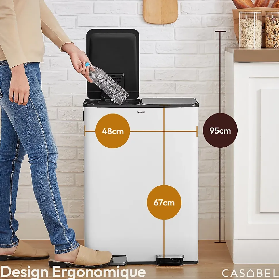 CASABEL Poubelle Tri Selectif 60L, 2x30L Acier INOX BLANC, Double Compartiments, Pedale, Bacs Amovibles, Couvercles Silencieux