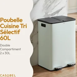 CASABEL Poubelle Tri Selectif 60L - 2x30L, Double Compartiments, Pédale, Bacs Amovibles, Couvercles Silencieux