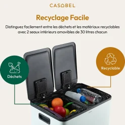 CASABEL Poubelle Tri Selectif 60L - 2x30L, Double Compartiments, Pédale, Bacs Amovibles, Couvercles Silencieux