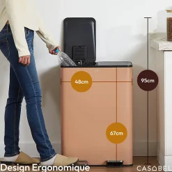 CASABEL Poubelle Tri Selectif 60L, 2x30L Acier INOX TERRACOTTA, Double Compartiments, Pedale, Bacs Amovibles