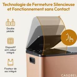 CASABEL Poubelle Tri Selectif 60L, 2x30L Acier INOX TERRACOTTA, Double Compartiments, Pedale, Bacs Amovibles