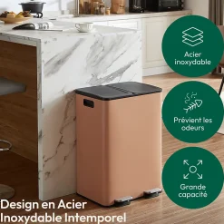 CASABEL Poubelle Tri Selectif 60L, 2x30L Acier INOX TERRACOTTA, Double Compartiments, Pedale, Bacs Amovibles