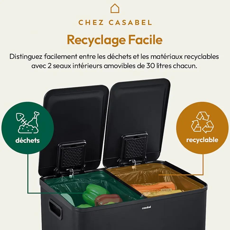 CASABEL Poubelle Tri Selectif 60 Liter, 2x30 Liter Acier INOX NOIRE, Double Compartiments, Pédale, Bacs Amovibles