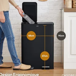 CASABEL Poubelle Tri Selectif 60 Liter, 2x30 Liter Acier INOX NOIRE, Double Compartiments, Pédale, Bacs Amovibles