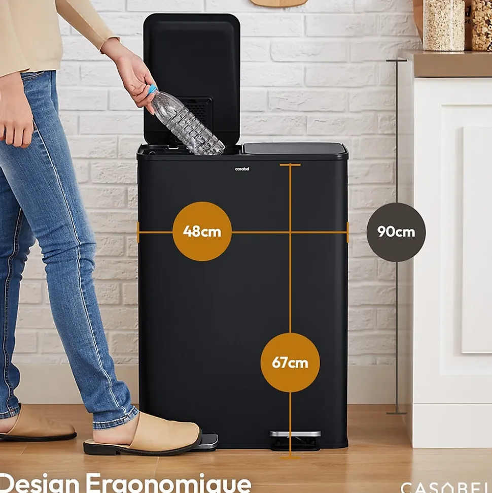 CASABEL Poubelle Tri Selectif 60 Liter, 2x30 Liter Acier INOX NOIRE, Double Compartiments, Pédale, Bacs Amovibles