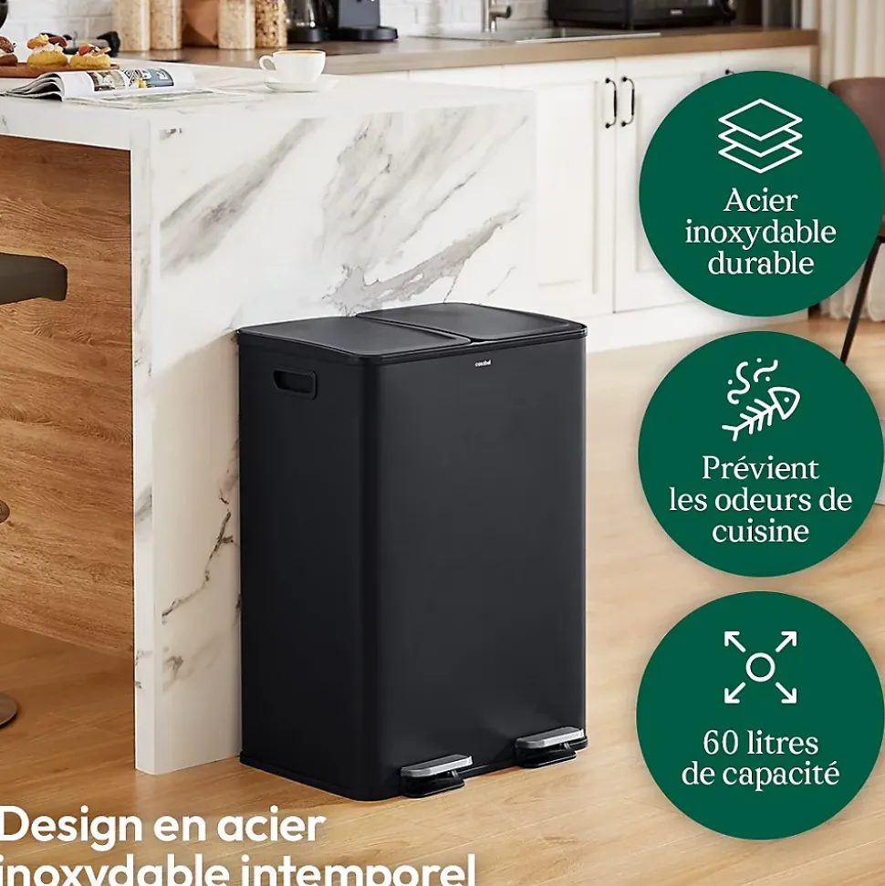 CASABEL Poubelle Tri Selectif 60 Liter, 2x30 Liter Acier INOX NOIRE, Double Compartiments, Pédale, Bacs Amovibles
