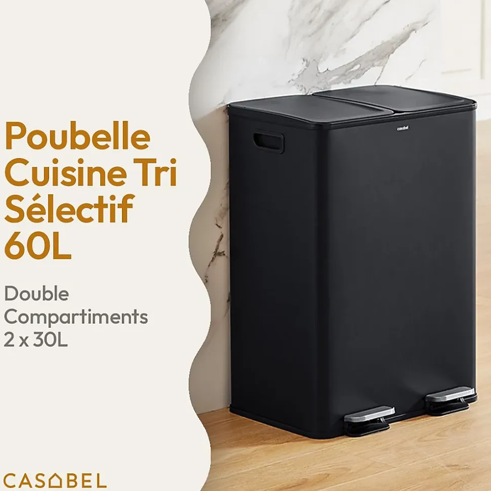 CASABEL Poubelle Tri Selectif 60 Liter, 2x30 Liter Acier INOX NOIRE, Double Compartiments, Pédale, Bacs Amovibles