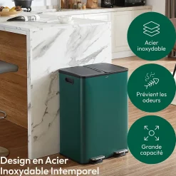 CASABEL Poubelle Tri Selectif 60L - 2x30L Acier , Double Compartiments, Pédale, Bacs Amovibles, Couvercles Silencieux