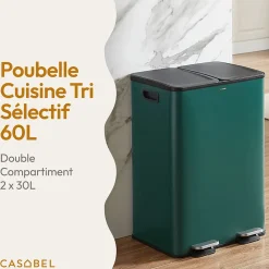 CASABEL Poubelle Tri Selectif 60L - 2x30L Acier , Double Compartiments, Pédale, Bacs Amovibles, Couvercles Silencieux