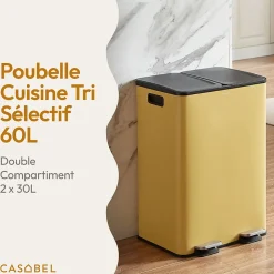 CASABEL Poubelle Tri Selectif 60L, 2x30L Acier INOX OCRE, Double Compartiments, Pedale, Bacs Amovibles, Couvercles Silencieux