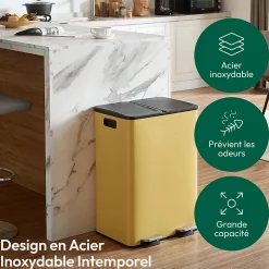 CASABEL Poubelle Tri Selectif 60L, 2x30L Acier INOX OCRE, Double Compartiments, Pedale, Bacs Amovibles, Couvercles Silencieux