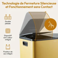 CASABEL Poubelle Tri Selectif 60L, 2x30L Acier INOX OCRE, Double Compartiments, Pedale, Bacs Amovibles, Couvercles Silencieux