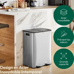 CASABEL Poubelle Tri Selectif 60L, 2x30L Acier INOX CHROME, Double Compartiments, Pedale, Bacs Amovibles, Couvercles Silencieux