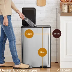 CASABEL Poubelle Tri Selectif 60L, 2x30L Acier INOX CHROME, Double Compartiments, Pedale, Bacs Amovibles, Couvercles Silencieux