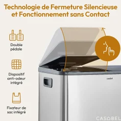 CASABEL Poubelle Tri Selectif 60L, 2x30L Acier INOX CHROME, Double Compartiments, Pedale, Bacs Amovibles, Couvercles Silencieux