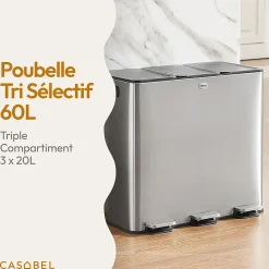 CASABEL Poubelle Tri 3x20L Inox Chrome 60L, anti-Traces, Anti-Odeurs, à Pédales, Idéale pour le Recyclage Cuisine