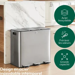 CASABEL Poubelle Tri 3x20L Inox Chrome 60L, anti-Traces, Anti-Odeurs, à Pédales, Idéale pour le Recyclage Cuisine