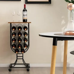 Casier à Vin 14 Bouteilles avec Roues Organisateur de Rangement de Vin Mobile avec Cadre Métallique Plateau en Bois Noir