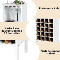 Casier a Vin avec 20 Emplacements et Porte gobelet Etagere a Bouteille en Pin pour Cave Collier Cuisine Blanc