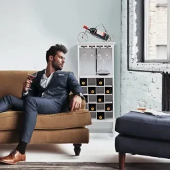 Casier a Vin avec 20 Emplacements et Porte gobelet Etagere a Bouteille en Pin pour Cave Collier Cuisine Blanc