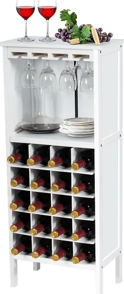 Casier a Vin avec 20 Emplacements et Porte gobelet Etagere a Bouteille en Pin pour Cave Collier Cuisine Blanc