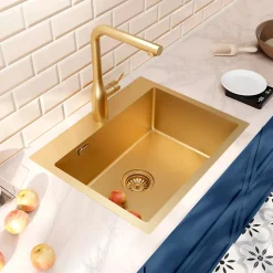 Ceramia Timeless Évier de cuisine encastrable inox 304, 1 bac , 55x45x21 cm, Or brossé PVD