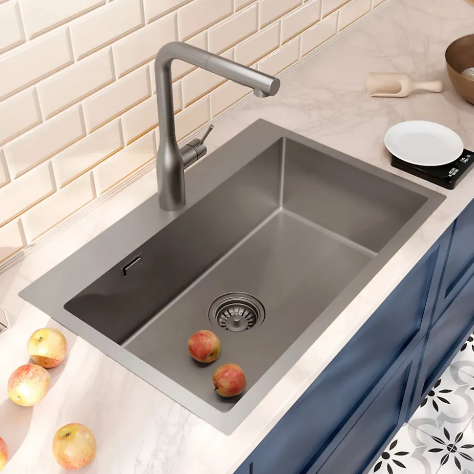 Ceramia Timeless Évier de cuisine encastrable en inox 304, 68x45x21 cm, Gun Metal brossé PVD