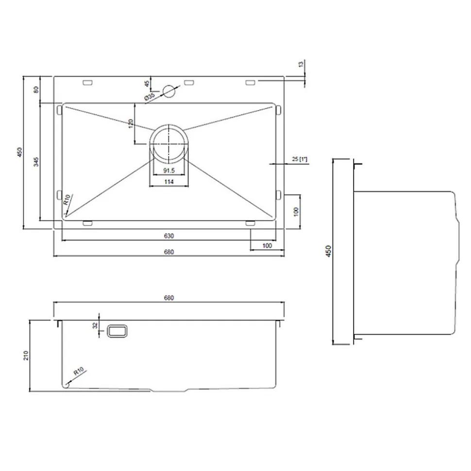Ceramia Timeless Évier de cuisine encastrable en inox 304, 68x45x21 cm, Gun Metal brossé PVD