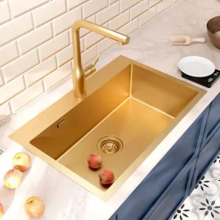 Ceramia Timeless Évier de cuisine encastrable inox 304, 1 bac , 68x45x21 cm, Or brossé PVD