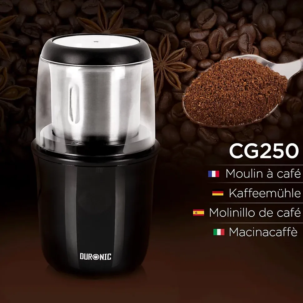 CG250 Moulin à café électrique 250W Capacité 75 g Acier inoxydable Mouture des grains de café pour espresso cappuccino Duronic