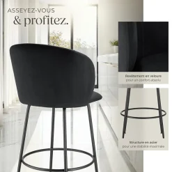 Chaise de bar en velours rembourré avec dossier large et un repose-pieds Lot de 2