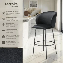 Chaise de bar en velours rembourré avec dossier large et un repose-pieds Lot de 2