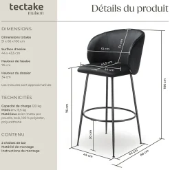 Chaise de bar en velours rembourré avec dossier large et un repose-pieds Lot de 2