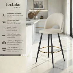 Chaise de bar en velours rembourré avec dossier et repose-pieds Lot de 2