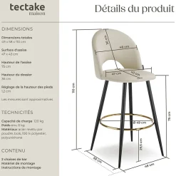 Chaise de bar en velours rembourré avec dossier et repose-pieds Lot de 2