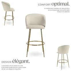 Chaise de bar en velours rembourré avec dossier large et un repose-pieds Lot de 2