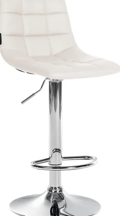 Chaise de bar Jerry similicuir, réglable en hauteur, pivotante à 360 avec dossier, cuisine bistrot Blanc/Chrome