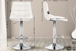 Chaise de bar Jerry similicuir, réglable en hauteur, pivotante à 360 avec dossier, cuisine bistrot Blanc/Chrome