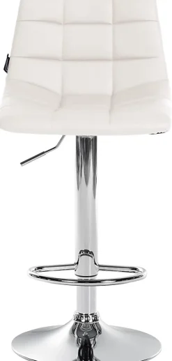 Chaise de bar Jerry similicuir, réglable en hauteur, pivotante à 360 avec dossier, cuisine bistrot Blanc/Chrome