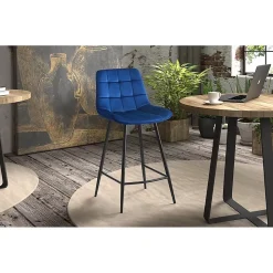 Chaise de comptoir JUTE Velours bleu Style contemporain H95 cm