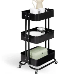 Chariot 3 niveaux desserte étagère de rangement à roulettes acier noir