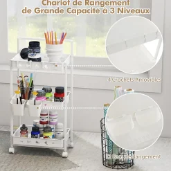 Chariot à roulettes à 3 Niveaux 4 Roues Universelles Verrouillables Poignée 2 Bacs de Rangement 4 Crochets Desserte Chariot