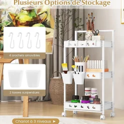 Chariot à roulettes à 3 Niveaux 4 Roues Universelles Verrouillables Poignée 2 Bacs de Rangement 4 Crochets Desserte Chariot