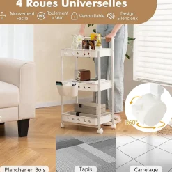 Chariot à roulettes à 3 Niveaux 4 Roues Universelles Verrouillables Poignée 2 Bacs de Rangement 4 Crochets Desserte Chariot