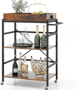 Chariot à roulettes à 3 Niveaux Plateau Amovible 4 roulettes Universelles Verrouillables Desserte Chariot Roulant