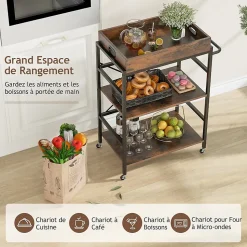 Chariot à roulettes à 3 Niveaux Plateau Amovible 4 roulettes Universelles Verrouillables Desserte Chariot Roulant